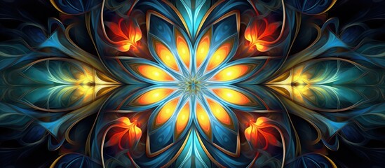 Wall Mural - A beautiful artistic composition resembling a kaleidoscope with a stunning flower at its center. The symmetrical patterns create an electric blue fractal art piece inspired by terrestrial plants