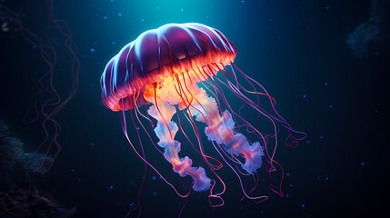 Glowing jellyfish swim deep in the ocean