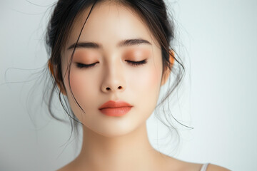 beautiful asian woman in full makeup on white background for advertisements from the cosmetics, massage and beauty industry, generative AI