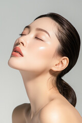beautiful asian woman in full makeup on white background for advertisements from the cosmetics, mass