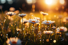 Golden Hour Glow On A Field Of Daisies. Generative AI Image