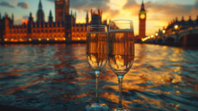 Close-up Illustration Of Two Glasses Of Sparkling Wine In The Foreground Against A Background Of A Beautiful Sunset Over The River Thames And Famous Buildings Of The City Of London