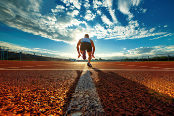 Poster - Rear view of an athlete starting his sprint on an all-weather running track. 