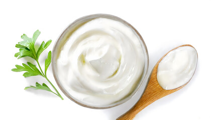 Sour cream in a bowl top view isolated on white background