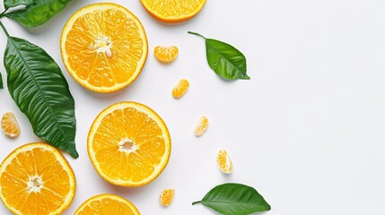 Wall Mural - Orange fruit slices with leaf isolated on white background