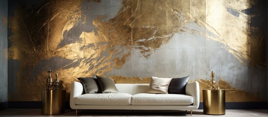 Wall Mural - A living room in a house with hardwood flooring, featuring a white couch and a gold wall mural. The room is filled with natural light from the window