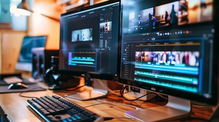 Close up on professional computer placed on desk, dual monitor setup processing video film montage in empty creative workplace. Video editing start up studio company agency with no people in it