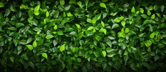 Sticker - A closeup of a dense, green hedge made up of terrestrial plants, shrubs, and groundcover with an abundance of leaves creating a lush and vibrant display