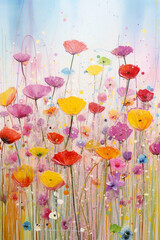 Wall Mural - A vibrant, abstract painting featuring a field of colorful flowers against a dreamy backdrop, infused with a sense of springs's joyful essence - Generative AI