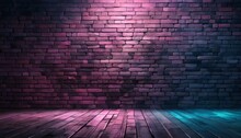 Black Pink Brick Wall Background Rough Concrete With Neon Lights And Glowing Lights
