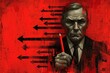 A mysterious figure in a suit holds a sharp object against a bold red backdrop