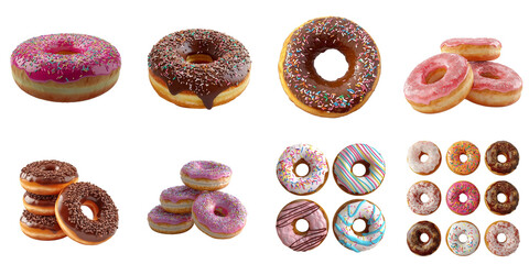 Baked donut transparent collection in 3d png using for presentation.