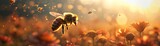Fototapeta Dmuchawce - A bee in flight training minimalist flower field