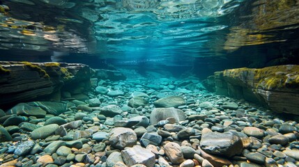 Wall Mural - A view of a river with rocks and water under the surface, AI