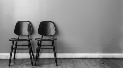 Canvas Print - Two black chairs sitting against a wall in front of the floor, AI