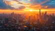 Vibrant sunset casting golden hues over a bustling cityscape with towering skyscrapers.