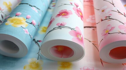 Poster - A close up of three rolls of paper with flowers on them, AI