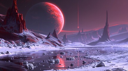 Poster - A red planet with a moon in the background and snow, AI