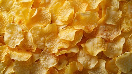 Poster - A close up of a pile of yellow potato chips on the table, AI