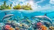 Two dolphins swimming over a coral reef with an island in the background, AI