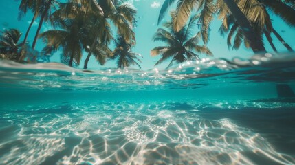 Sticker - A view of the ocean from under water with palm trees, AI