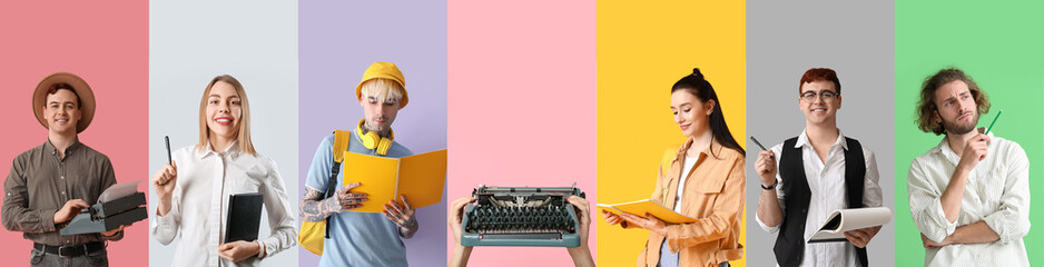 Wall Mural - Set of writers and vintage typewriter on color background