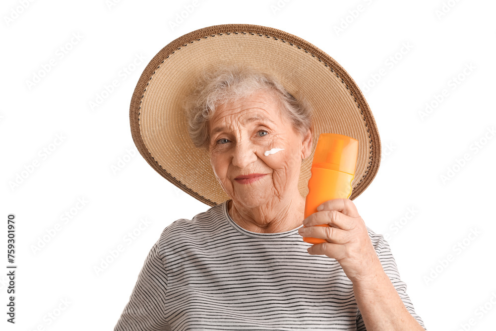 Senior woman with sunscreen cream on white background, closeup