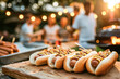 Gourmet Hot Dogs Ready to Serve at Outdoor Evening Party