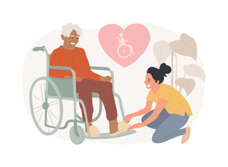 Poster - Care of the disabled isolated concept vector illustration. Disability care, downs syndrome, senior on wheelchair, help for old people, professional home nursing services vector concept.