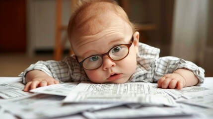 Poster - A baby wearing glasses and looking at a pile of tax forms. Generative AI.