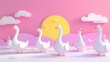 A whimsical scene of geese preparing for a travel adventure pastel colors background 3D Animation