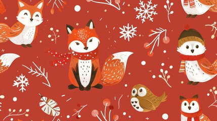  Happy Fox and Cute Owl background. winter atmosphere generative ai