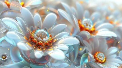 Wall Mural - Digital technology-themed poster featuring white colorful flowers in an abstract graphics style, AI Generative