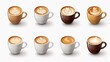 A creative array of eight coffee cups with artistic froth designs presented on a light background