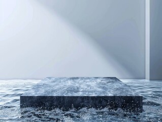 Denim Abstract Minimalistic Flat Podium. The Scene for Product Presentation. 3D Room with thin podium and water splashes. Ai Generated Podium Mockup for a Product advertisement.