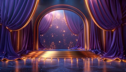 Wall Mural - Blue purple Golden Curtain empty Stage Award Background