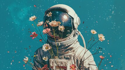 Wall Mural - illustration of an astronaut with flowers generative ai