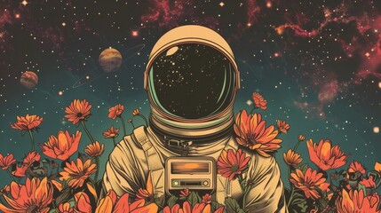 Wall Mural - illustration of an astronaut with flowers generative ai