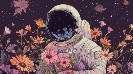 Wall Mural - illustration of an astronaut with flowers generative ai