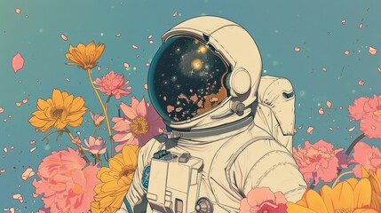 Wall Mural - illustration of an astronaut with flowers generative ai
