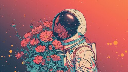 Wall Mural - illustration of an astronaut with flowers generative ai
