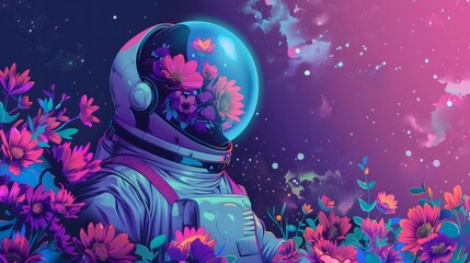 Wall Mural - illustration of an astronaut with flowers generative ai