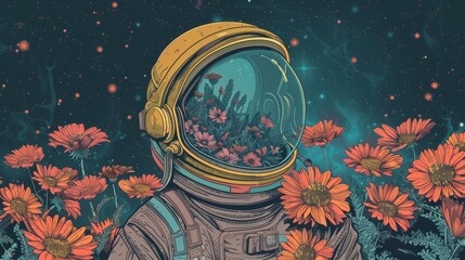 Wall Mural - illustration of an astronaut with flowers generative ai