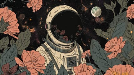 Wall Mural - illustration of an astronaut with flowers generative ai