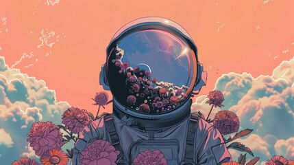 Wall Mural - illustration of an astronaut with flowers generative ai