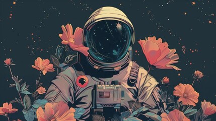 Wall Mural - illustration of an astronaut with flowers generative ai