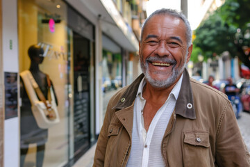 Wall Mural - A man in a brown jacket is smiling in front of a store window that says ' a ' on it