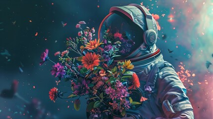 Wall Mural - illustration of an astronaut with flowers generative ai