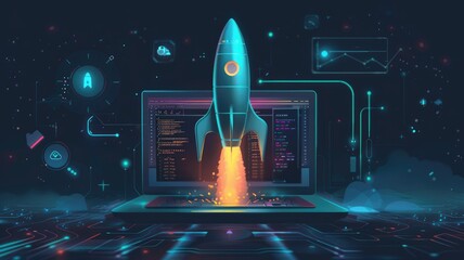 Poster - Animated rocket launch on a laptop screen - A digital art concept depicting a rocket launching from a laptop, symbolizing startup, innovation, and technology advances