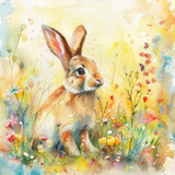 Fototapeta Na drzwi - Watercolor colorful illustration of cute Easter bunny, seasonal greeting card